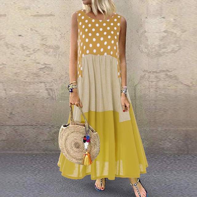 Sixsr Women's Bohemian Ruffle Sundress Summer Sleeveless Floral Printed Maxi Long Dress Casual Loose Party Tanks Vestido