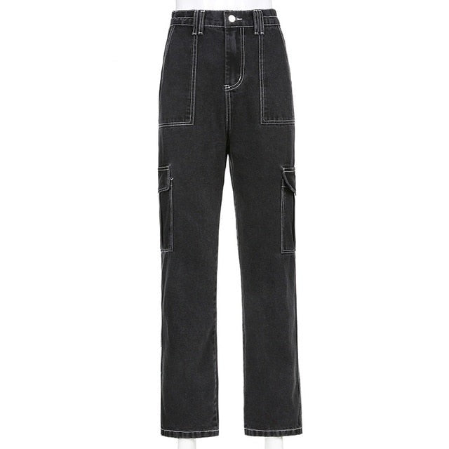 Sixsr Weekeep Pockets Patchwork Baggy Jeans Fashion Streetwear 100% Cotton Women Denim Trouser Loose Cargo Pants Korean Jeans Harajuku