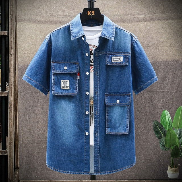 Denim Shirt Men Cotton Jeans Shirt Fashion summer Slim Short Sleeve Cowboy Shirt Stylish Wash Slim Tops Asian Multiple pockets
