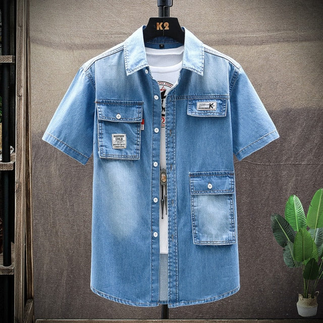 Denim Shirt Men Cotton Jeans Shirt Fashion summer Slim Short Sleeve Cowboy Shirt Stylish Wash Slim Tops Asian Multiple pockets