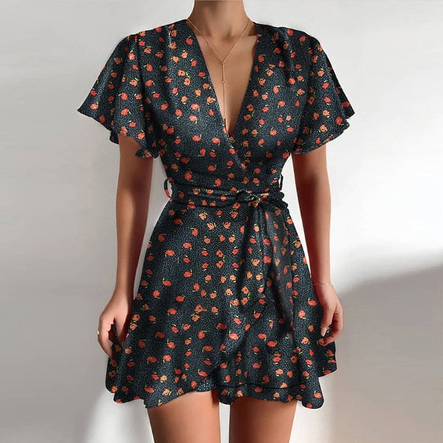 Sixsr Summer Women Dress Butterfly Sleeve Polka Dot Floral Print V Neck High Waist Sashes Dress Vintage Female Mini Red Vestidos