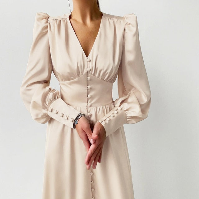 sixsr Satin Prom Women's Long Dress For Party Lantern Sleeve A-Line High Waist Slim Elegant Dresses Clothes New Year Ball Evening
