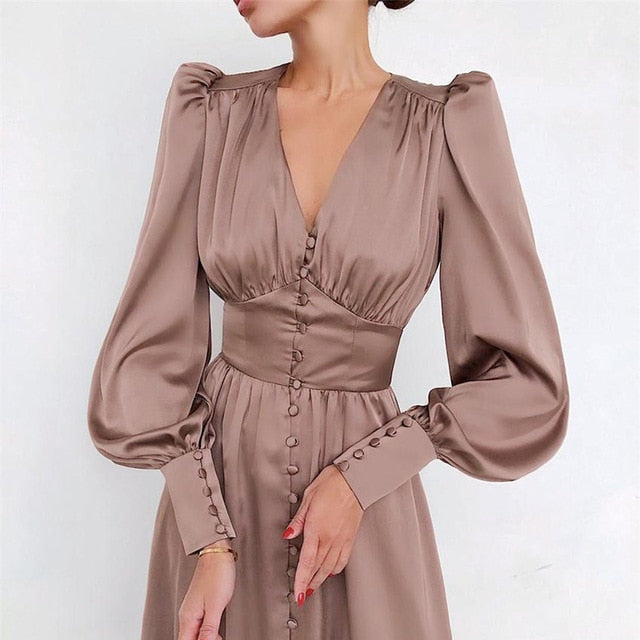 sixsr Satin Prom Women's Long Dress For Party Lantern Sleeve A-Line High Waist Slim Elegant Dresses Clothes New Year Ball Evening