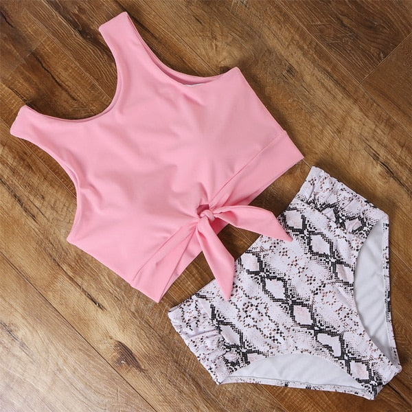sixsr High Waist Bikini Leopard Swimsuit Women Bikini Floral Swimsuit Print High Neck Bikini Push Up Swimwear Snake Bathing Suit