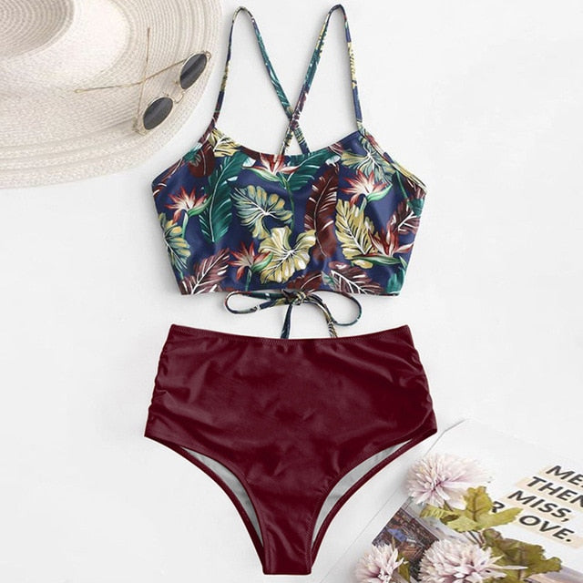 sixsr High Waist Bikini Leopard Swimsuit Women Bikini Floral Swimsuit Print High Neck Bikini Push Up Swimwear Snake Bathing Suit