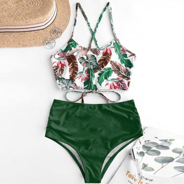 sixsr High Waist Bikini Leopard Swimsuit Women Bikini Floral Swimsuit Print High Neck Bikini Push Up Swimwear Snake Bathing Suit