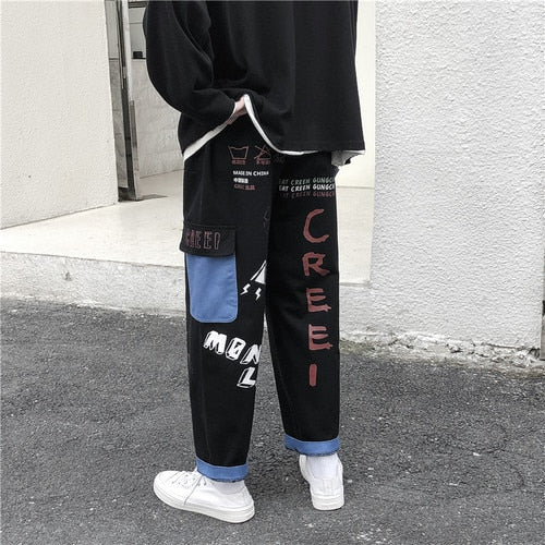 Straight Denim Jeans Men Graphic Printed Jeans 2024 Streetwear Jeans Man Wildleg Pants Hip Hop Korean Harajuku Fashion Pants