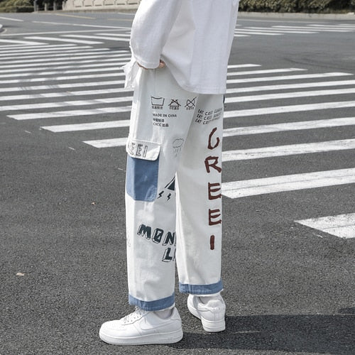 Straight Denim Jeans Men Graphic Printed Jeans 2024 Streetwear Jeans Man Wildleg Pants Hip Hop Korean Harajuku Fashion Pants
