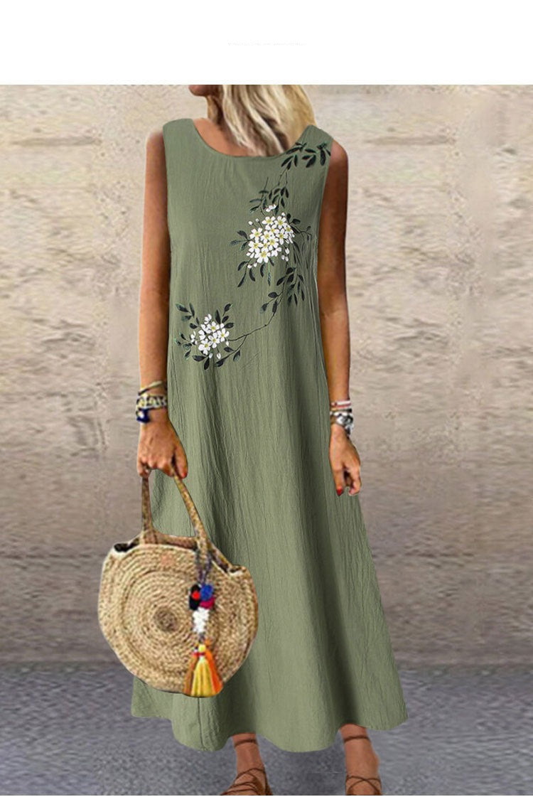 Sixsr Sundress Women Summer Dress Printing Sexy Dress Midi Plus Size Casual Linen Loose Sleeveless printed Long Maxi Dress