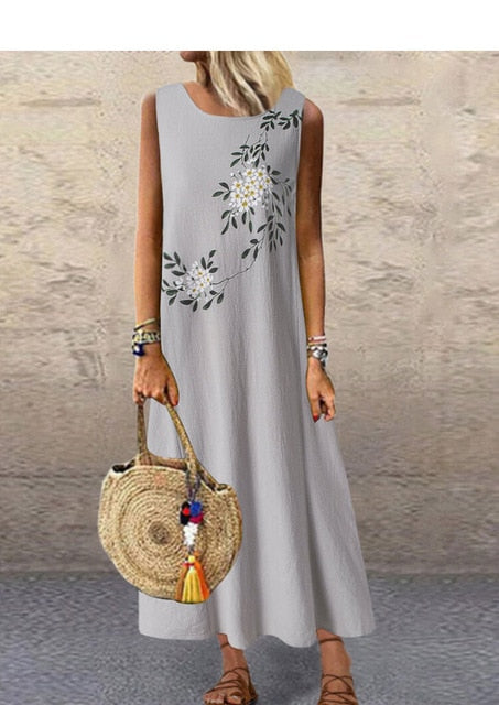 Sixsr Sundress Women Summer Dress Printing Sexy Dress Midi Plus Size Casual Linen Loose Sleeveless printed Long Maxi Dress