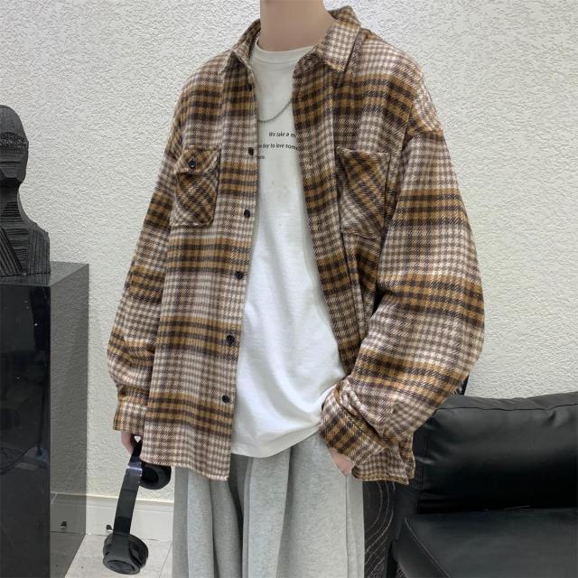 Sixsr New Fashion Men Plaid Shirt Casual Loose Wool Jacket Coat Men Long Sleeve Shirt Mens Clothing Streetwear