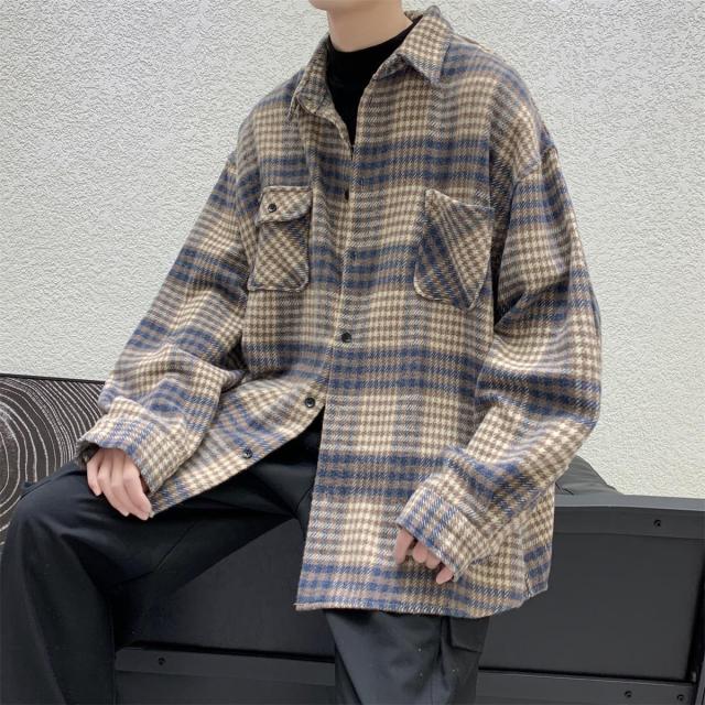 Sixsr New Fashion Men Plaid Shirt Casual Loose Wool Jacket Coat Men Long Sleeve Shirt Mens Clothing Streetwear
