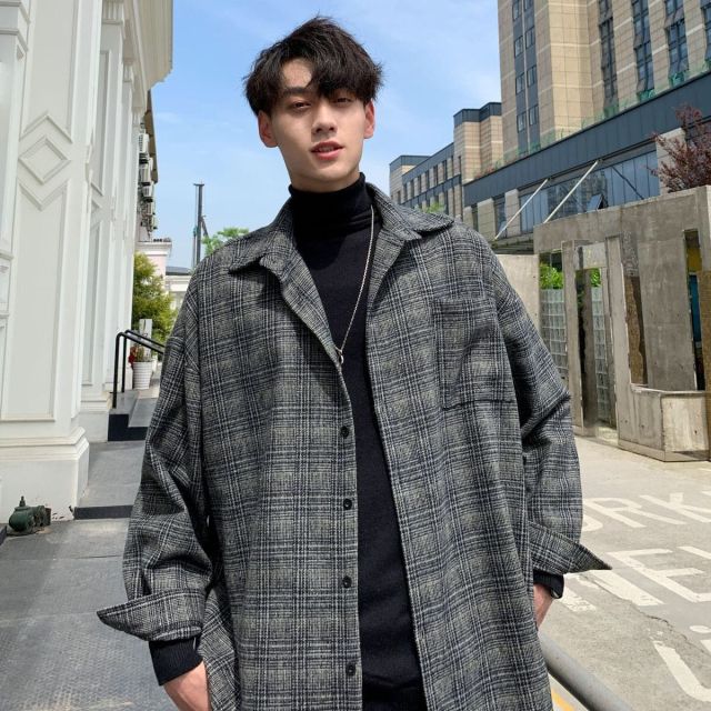 Sixsr New Fashion Men Plaid Shirt Casual Loose Wool Jacket Coat Men Long Sleeve Shirt Mens Clothing Streetwear