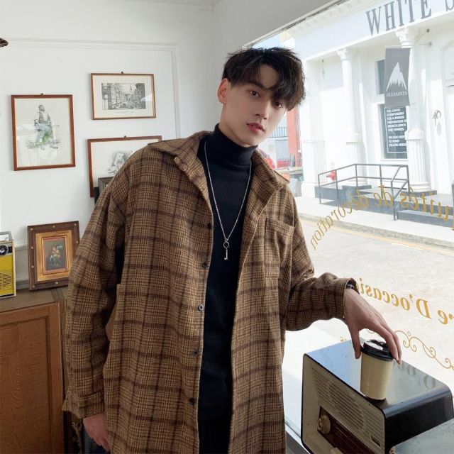 Sixsr New Fashion Men Plaid Shirt Casual Loose Wool Jacket Coat Men Long Sleeve Shirt Mens Clothing Streetwear