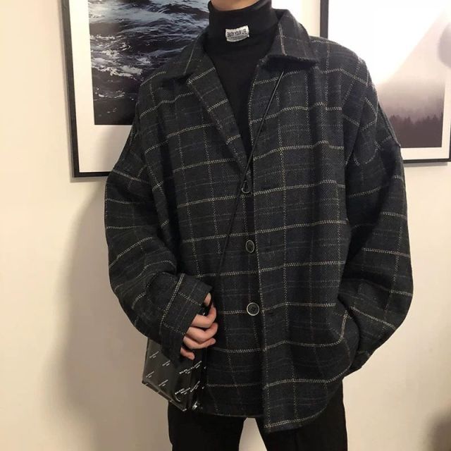 Sixsr New Fashion Men Plaid Shirt Casual Loose Wool Jacket Coat Men Long Sleeve Shirt Mens Clothing Streetwear