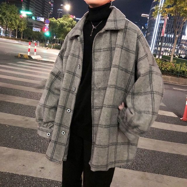 Sixsr New Fashion Men Plaid Shirt Casual Loose Wool Jacket Coat Men Long Sleeve Shirt Mens Clothing Streetwear