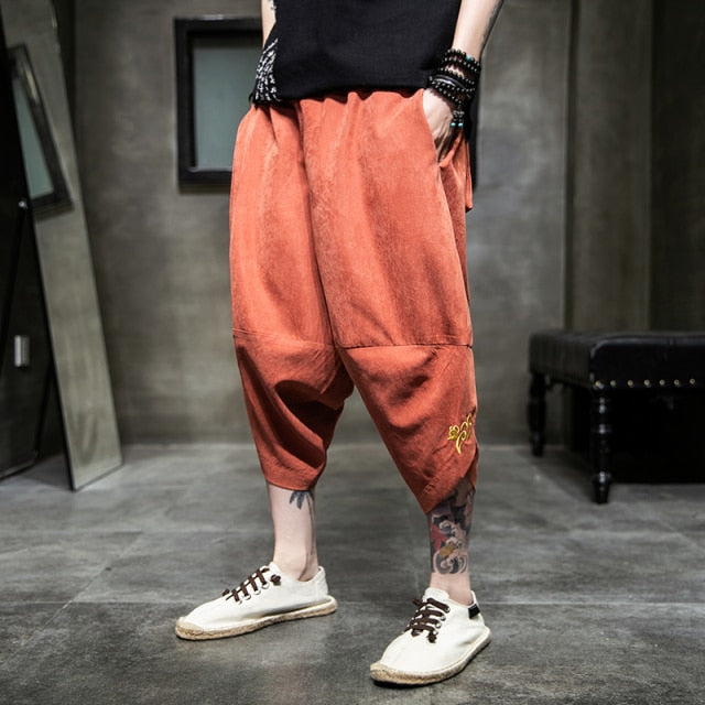 Summer harajuku harem pants men calf-length wide leg trousers streetwear casual sweatpants vintage cotton men's pants