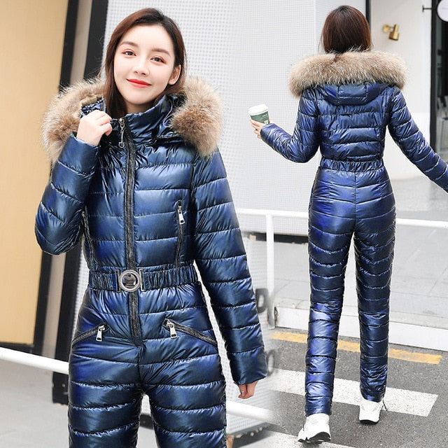 Sixsr One Piece Ski Suit Women Jackets Winter Hooded Parka Jumpsuit Women Cotton bodysuit Sashes Jumpsuits Zipper Overalls Tracksuits