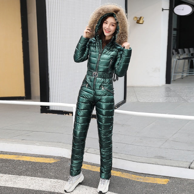 Sixsr One Piece Ski Suit Women Jackets Winter Hooded Parka Jumpsuit Women Cotton bodysuit Sashes Jumpsuits Zipper Overalls Tracksuits