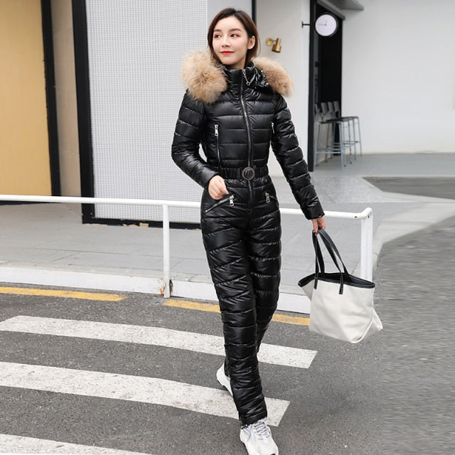 Sixsr One Piece Ski Suit Women Jackets Winter Hooded Parka Jumpsuit Women Cotton bodysuit Sashes Jumpsuits Zipper Overalls Tracksuits