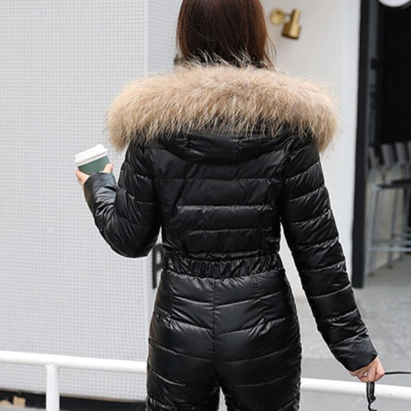 Sixsr One Piece Ski Suit Women Jackets Winter Hooded Parka Jumpsuit Women Cotton bodysuit Sashes Jumpsuits Zipper Overalls Tracksuits