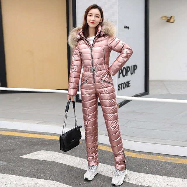 Sixsr One Piece Ski Suit Women Jackets Winter Hooded Parka Jumpsuit Women Cotton bodysuit Sashes Jumpsuits Zipper Overalls Tracksuits