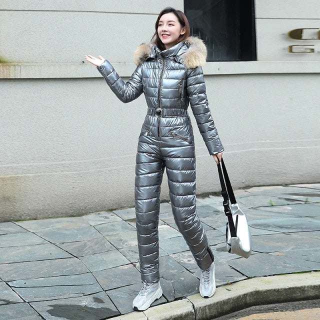 Sixsr One Piece Ski Suit Women Jackets Winter Hooded Parka Jumpsuit Women Cotton bodysuit Sashes Jumpsuits Zipper Overalls Tracksuits