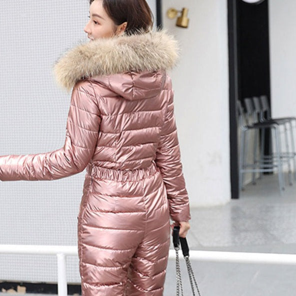 Sixsr One Piece Ski Suit Women Jackets Winter Hooded Parka Jumpsuit Women Cotton bodysuit Sashes Jumpsuits Zipper Overalls Tracksuits