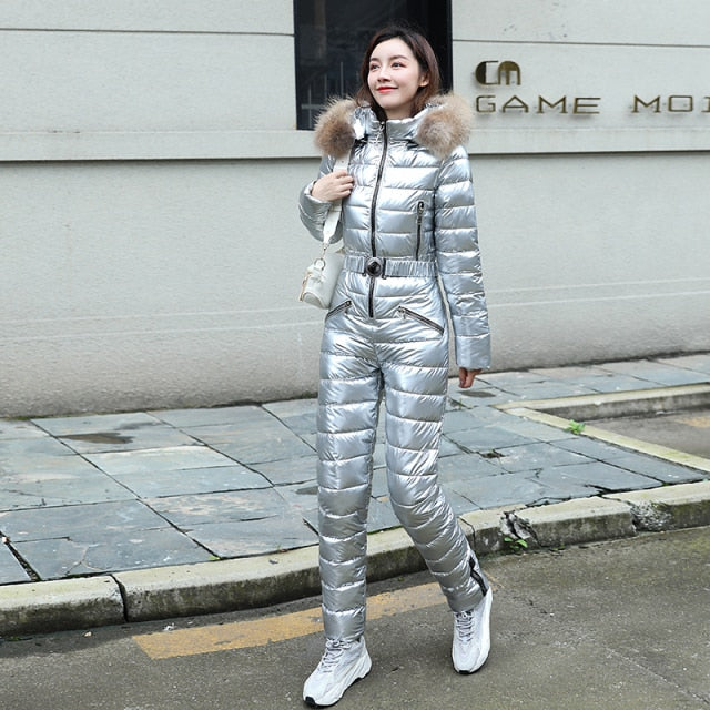 Sixsr One Piece Ski Suit Women Jackets Winter Hooded Parka Jumpsuit Women Cotton bodysuit Sashes Jumpsuits Zipper Overalls Tracksuits