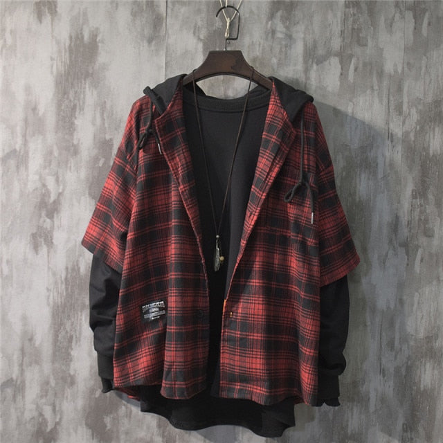 Sixsr New Fashion Autumn Hooded Collar Plaid Stitching Sweatshirt Men Japanese Tide Drawstring Loose Casual Hoodies 9A145