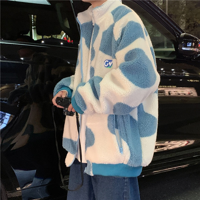 Milk Cow Pattern Fleece Jacket for Men 2024 Winter Fashion Trend Warm Clothes Teenager Loose Fit Padded Coat Harajuku Streetwear