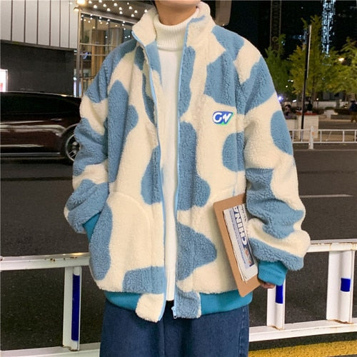 Milk Cow Pattern Fleece Jacket for Men 2024 Winter Fashion Trend Warm Clothes Teenager Loose Fit Padded Coat Harajuku Streetwear