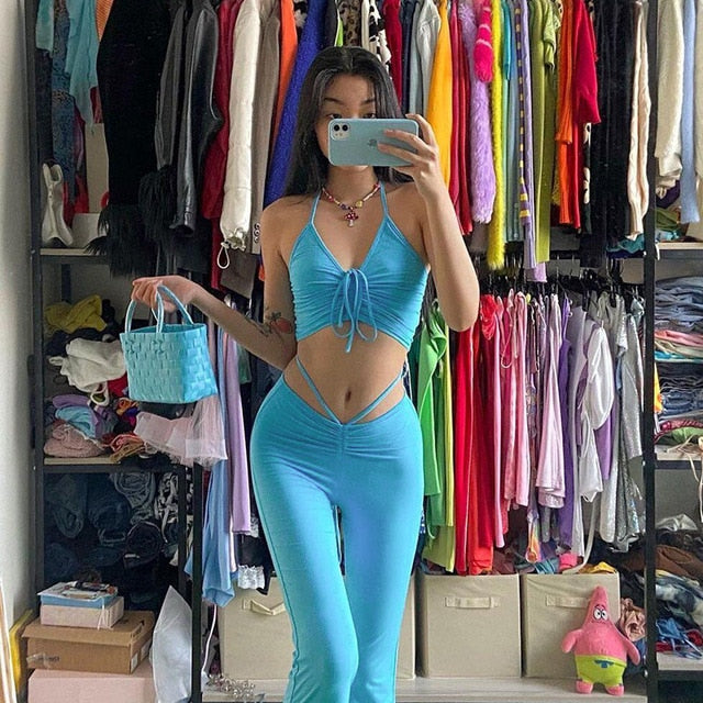 Sixsr Halter Criss-Cross Crop Top And Women's Drawstring Pants Matching Sets Skinny Hollow Out Sexy Two Piece Set For Women
