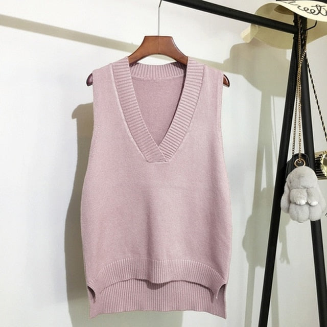 Sixsr V-neck knitted Vest Women's Sweater Autumn And Winter New Korean Loose Wild Pink Sweater Vest Women Sleeveless Sweater 11810