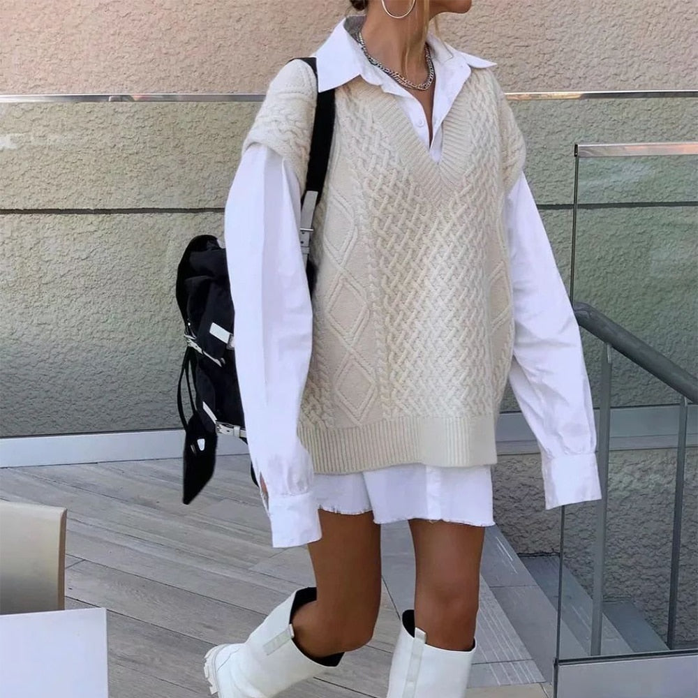 Sixsr New Spring Winter Women Cable-Knit Sweater Vest Oversized V-Neck Woman Sweaters Casual Fashion Elegant Lady Pullover Tops