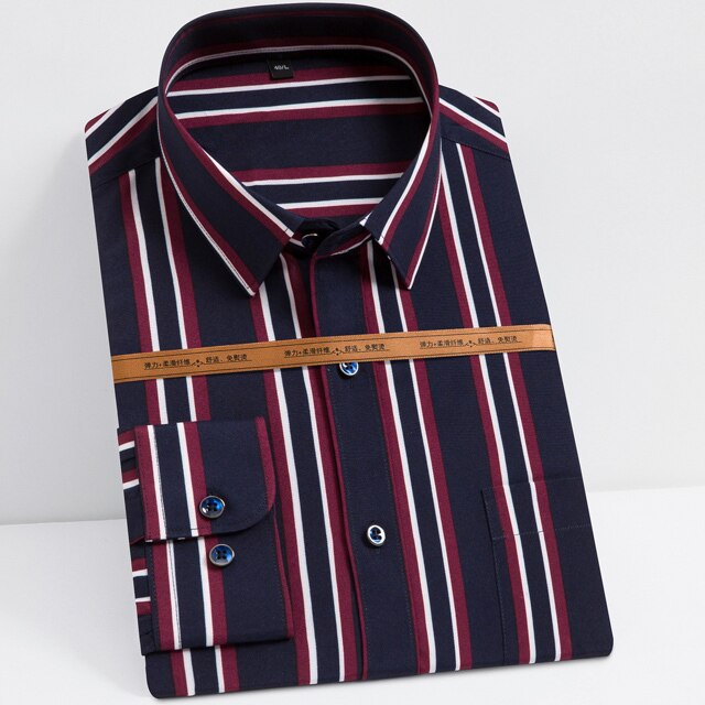 Men's Fashion Long Sleeve Silky Fabric Striped Shirts Single Patch Pocket Work Casual Standard-fit Easy Care Classic Dress Shirt