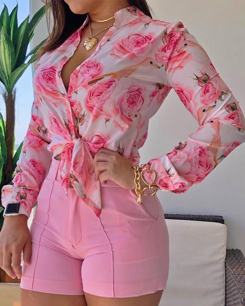 Sixsr Women Long Sleeve Floral Printed Tie Knot Top Blouse Casual Spring Shirts Female