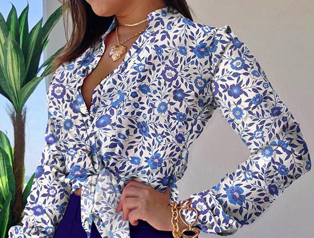 Sixsr Women Long Sleeve Floral Printed Tie Knot Top Blouse Casual Spring Shirts Female