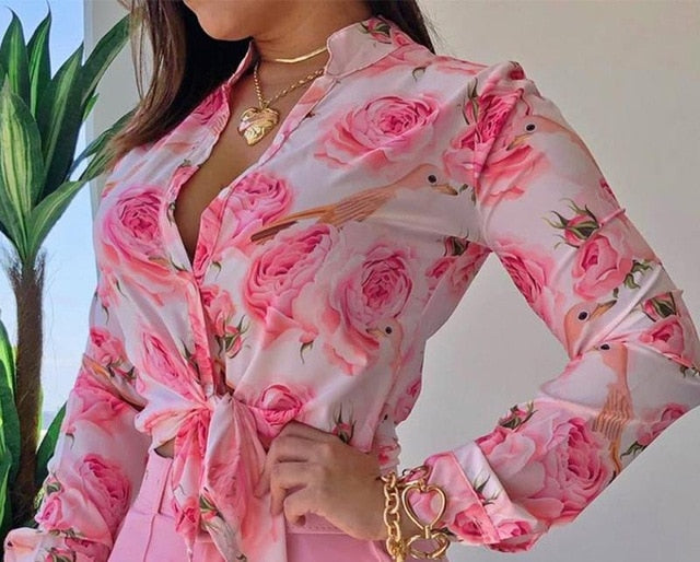 Sixsr Women Long Sleeve Floral Printed Tie Knot Top Blouse Casual Spring Shirts Female