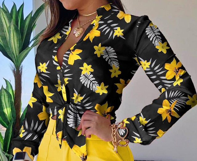 Sixsr Women Long Sleeve Floral Printed Tie Knot Top Blouse Casual Spring Shirts Female