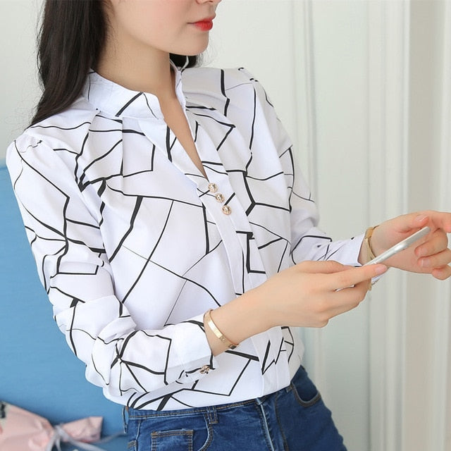 Sixsr Plus Size Women White Tops and Blouses Fashion Stripe Print Casual Long Sleeve Office Lady Work Shirts Female Slim Blusas