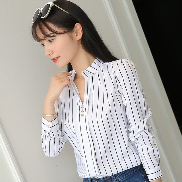Sixsr Plus Size Women White Tops and Blouses Fashion Stripe Print Casual Long Sleeve Office Lady Work Shirts Female Slim Blusas