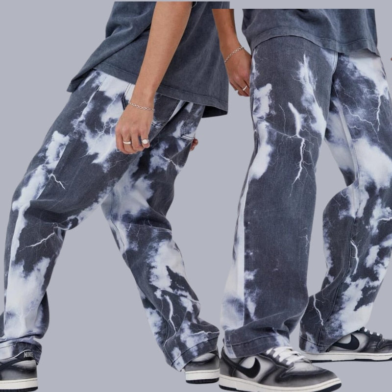 Jeans Men Statue Printed Harajuku Fashion Brand Street Casual Loose khaki Jeans Washing Motorcycle pants