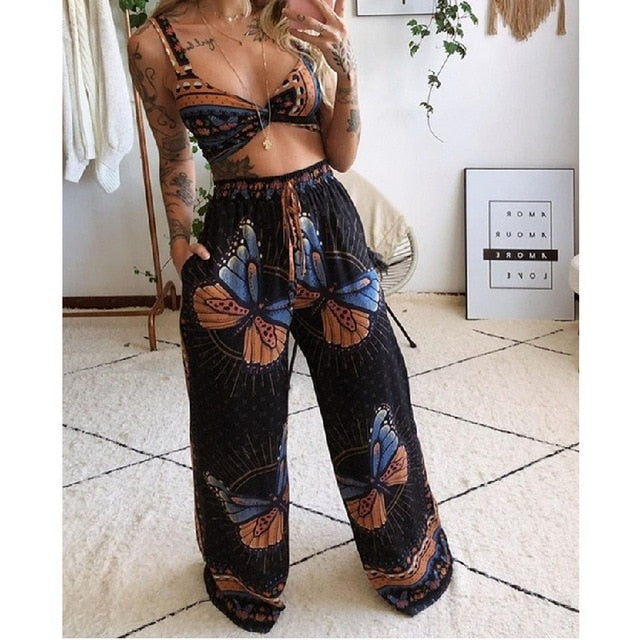 sixsr 2 Pecs Suit Summer Tracksuit Sets Womens Outfits Boho Beach Style Print Underwear Loose Wide Leg Pants Ropa Mujer Подходить New