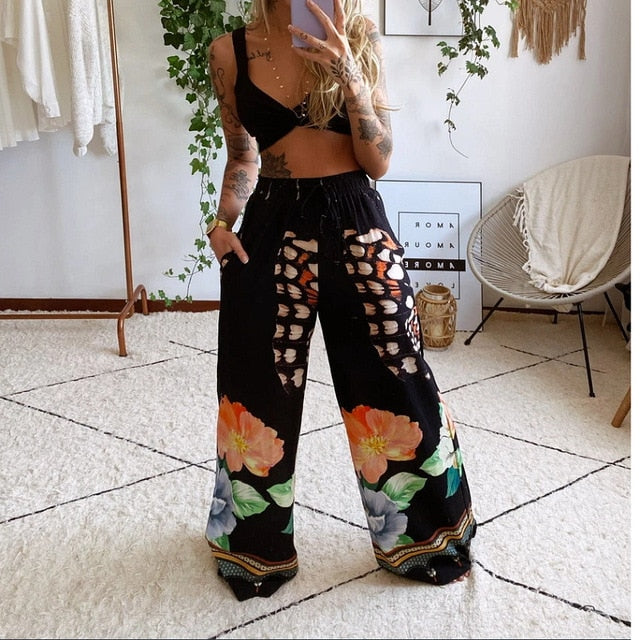 sixsr 2 Pecs Suit Summer Tracksuit Sets Womens Outfits Boho Beach Style Print Underwear Loose Wide Leg Pants Ropa Mujer Подходить New