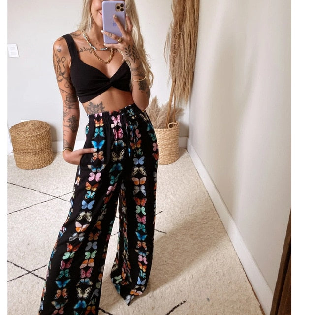 sixsr 2 Pecs Suit Summer Tracksuit Sets Womens Outfits Boho Beach Style Print Underwear Loose Wide Leg Pants Ropa Mujer Подходить New