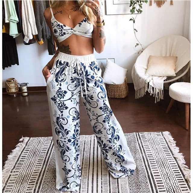 sixsr 2 Pecs Suit Summer Tracksuit Sets Womens Outfits Boho Beach Style Print Underwear Loose Wide Leg Pants Ropa Mujer Подходить New