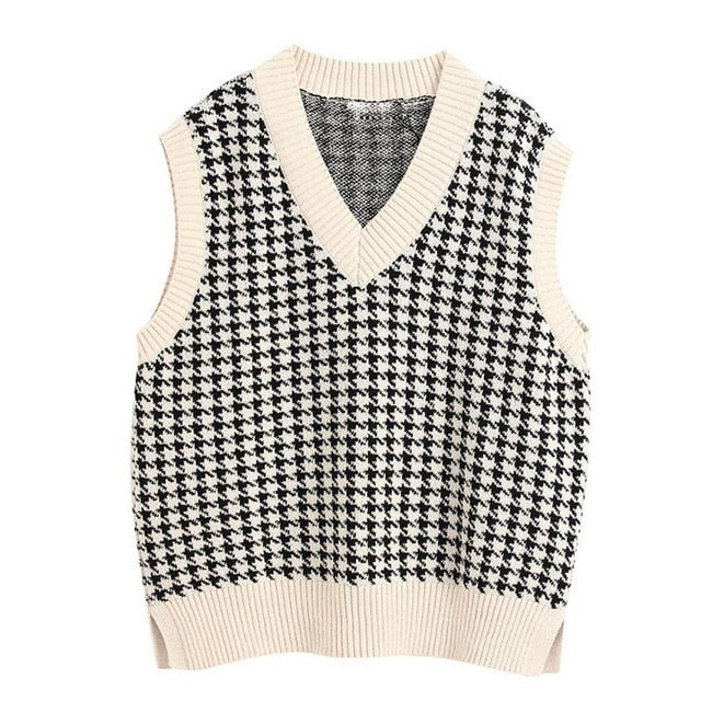 Sixsr Fashion Women Knitted Vest Pullovers V Neck Sleeveless Houndstooth Knitted Jumper Pullovers Korean Loose Plaid Sweater Vest