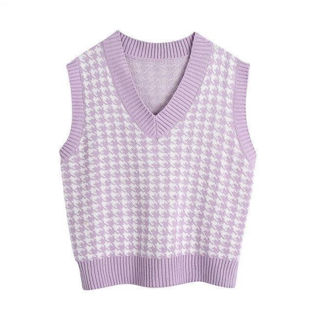 Sixsr Fashion Women Knitted Vest Pullovers V Neck Sleeveless Houndstooth Knitted Jumper Pullovers Korean Loose Plaid Sweater Vest