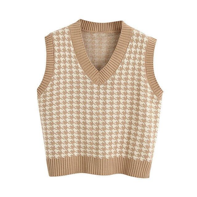 Sixsr Fashion Women Knitted Vest Pullovers V Neck Sleeveless Houndstooth Knitted Jumper Pullovers Korean Loose Plaid Sweater Vest